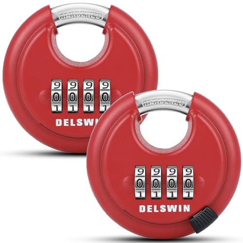 DELSWIN Outdoor Combination Padlock - 4 Digit Heavy Duty Disc Lock with Hardened Shackle,Combo Padlock for Gate,Storage Unit,Fence(25/64 Shackle, Red,2Pcs)