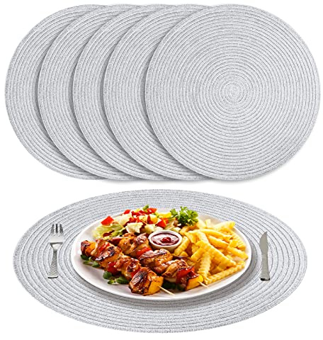 NAKIHOUSE Tischsets Abwaschbar Rund Geflochten Silber Platzsets 6er Set | 38cm Platzsets Abwischbar, Rutschfest, Hitzebeständig Schmutzabweisend Platzdeckchen für Hochzeit, Restaurant, Küche