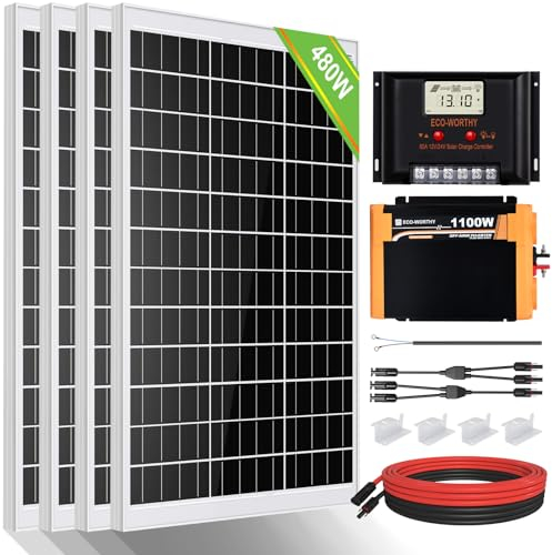 ECO-WORTHY 2 kWh 0% MwSt. Solarmodulsystem mit Wechselrichter für elektrische Stand-Alone-Wohnwagen: 4 Stück 120 W Solarmodule 60 A Laderegler 1100 W DC 12 V AC 220 V Solarwechselrichter.