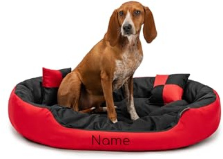 lionto Lit pour Chien 4-en-1 avec Coussin réversible, 85x70 cm, Coussin pour Animaux de Compagnie de Toutes Tailles résistant aux griffures avec entrée Basse, Rouge/Noir (avec nom imprimé)
