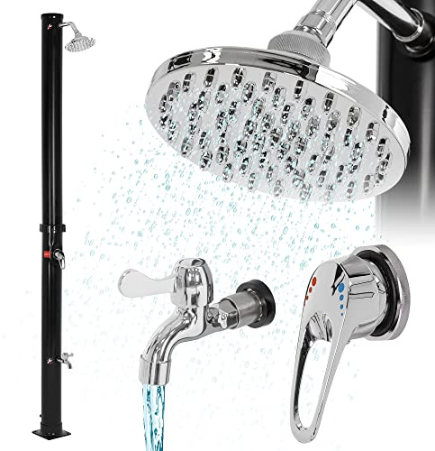 ML-Design Solardusche 20 L 210 cm rund mit Fußdusche und Regenduschkopf, Schwarz, warmes Wasser, bis 60°C ohne Stromanschluss, mit Gartenschlauch-Anschluss, Solar Gartendusche Außendusche Pooldusche