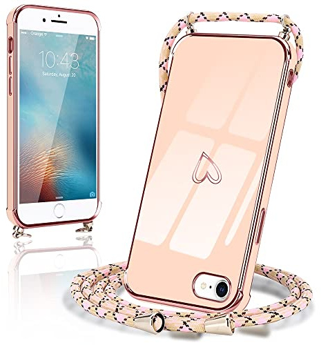 Micoden Handykette für iPhone 7/8/SE 2020/SE 2022 Hülle Necklace mit Band | Kameraschutz Handyhülle Herz Design Galvanik Dünn Silikon Case Bumper Kordel zum Umhängen Stoßfeste Schutzhülle, Rosa