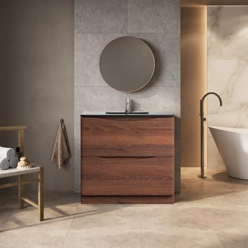 Go Bathrooms Eaton Redwood 900mm Floor Standing Vanity Unit Inc Grey Glass Basin Sink Oak Effect Vanity Unit Under Sink Bathroom Cabinet Storage Vanity Sink