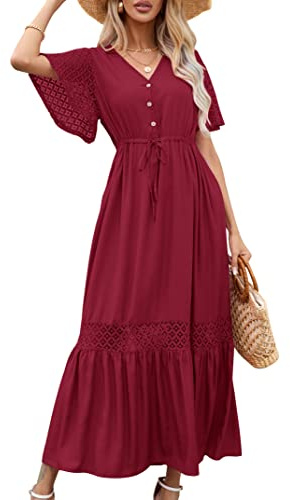 KOJOOIN Sommarklänning för kvinnor, spets, kortärmad, maxiklänning, boho, strandklänning, lång volangklänning, V-ringad, fritidsklänning med knappar, festklänning (förpackning, återanvändbar