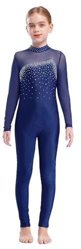 Msemis Barn flickor gymnastikdräkt långärmad sportbody helkropp gymnastikdräkt balettdräkt glitter tröja med ståkrage träningsoverall, Marinblå, 158-164
