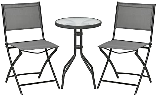 Outsunny 3tlg. Garten-Bistroset, Gartenmöbel Set, inkl. 1 Tisch, 2 klappbaren Stühlen, Gartengarnitur, Balkon-Set für Terrasse, Garten, Stahl, Grau