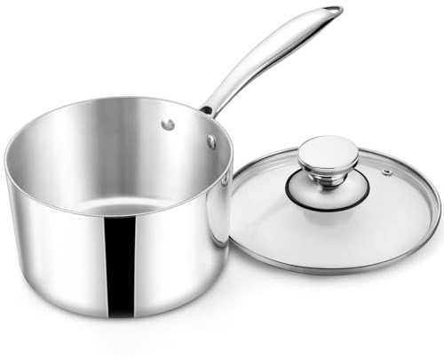 TeamFar 2qt Saucepan with Lid, Stainless Steel Tri-Ply Sauce Milk Pan Small Cooking Pot with Ergonomic Handle, for Induction/Gas/Electric/Ceramic, Non-toxic & Healthy, Heavy Duty & Dishwasher Safe