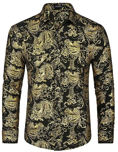 HISDERN Men's Satin Shirts Long Sleeve Gold Feather Print Shiny Shirt Casual Fashion Luxury Floral Shirts Gold Black L