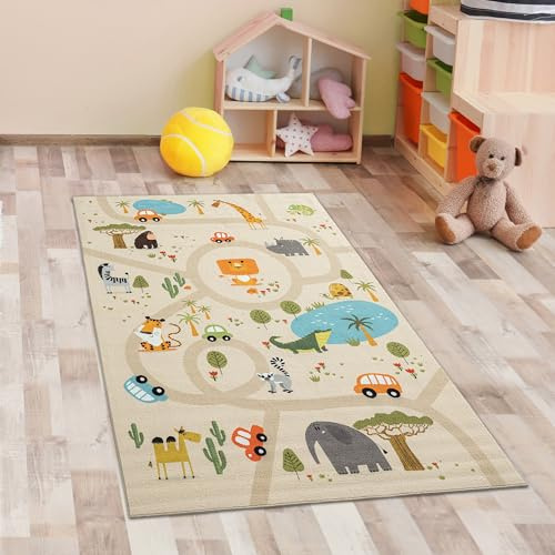 CARPETIA Kinderteppich Safari Tiere Straßen Beige 80x150 cm | Rutschfest, pflegeleicht, strapazierfähig, schadstofffrei und saugrobotergeeignet, OEKO-TEX geprüft, für Fußbodenheizung