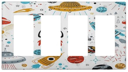Cartoon Space Rocket Boys Universe Planet 4 Gang Rocker Decora Light Switch Cover Decorative Unique Outlet Covers Wall Plate Electrical Faceplate Switchplate GFCI for Nursery Kidroom Bedroom