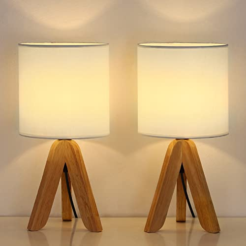 LIANTRAL Nachttischlampen 2er-Set, Moderne Kleine Tischlampe, Stativ Tischlampe mit Leinen Lampenschirm und Holzrahmen, E27 Schreibtischlampe für Schlafzimmer, Wohnzimmer, Schlafsaal - Weiß