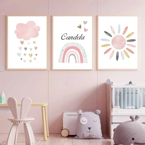 Generisch 3 Bilder Personalisiert Baby 30x40 cm Poster Babyzimmer Name Bilder Kinderzimmer Mädchen Rosa Boho Wand Poster Kinder Regenbogen Wolke Sonne Wandbilder Leinwand ohne Rahmen
