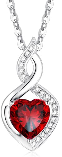 FANCIME Natural Garnet Necklace 14K Solid White Gold Heart Pendant with Diamond January Birthstone Necklace Jewelry Gifts for Mom Women