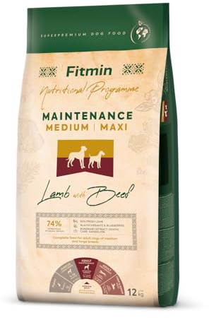 Fitmin Medium Maxi Maintenance Lamb with Beef | Hundetrockenfutter | Mit Lamm und Rindfleisch | 74% tierischen Rohstoffen | Für Erwachsene Hunde mittlerer und großer Rassen | 12kg oder 2.5kg (12000)