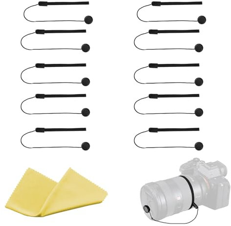 BRBASAP Lens Cap Tether Blackand Microfiber Cleaning Cloth Lens Cap Center Pinch with Lens Cap Leash Holder Prevent Lens Cap Loss SLR Camera Compatible with Most Brands Camera (11 Pack)