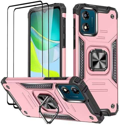 KANSi Funda para Motorola Moto E13, Cristal Vidrio Templado [2 Piezas] Capa Anillo iman Soporte Hard PC y Silicona TPU Antigolpes Armor Carcasa - Oro Rosa