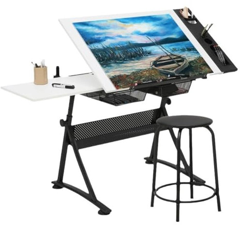 Zeichentische, höhenverstellbarer weißer Kunsttisch mit Hocker, Neigung 0°-65° Tisch-Zeichentisch mit extra großer Tischplatte und Schublade, klappbarer Steh-Maltisch