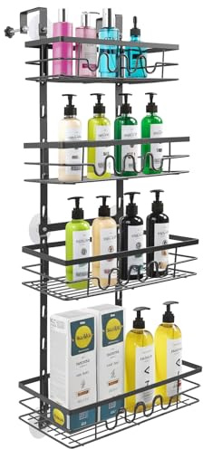 YedZen Étagère de douche à suspendre, réglable à 4 niveaux antirouille avec crochets, sans perçage, étagère de douche à suspendre au-dessus de la porte, étagère de douche pour le rangement du
