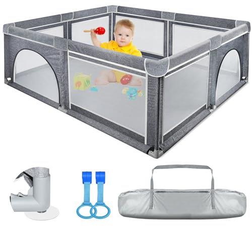 Parque infantil 180x200cm – Área de juegos segura para niños con bordes gruesos, base antideslizante, malla transpirable, valla plegable para bebé, 2 anillos para escalar y bolsa de transporte
