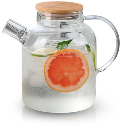 Fridge Drink Jug, 1800ml Glass Water Pitcher with Filter Whisk Wood Lid Heat Resistant Beverage Serveware for Drinks Tea Coffee