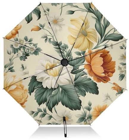 RPLIFE Vintage Wallpaper from Floral Flower on Cream Umbrella for Rain, Lightweight Durable Automatic Open/close Umbrella for Women, Travel Umbrellas for Rain and Sun