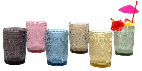 cecaro group Set 6 Bicchieri Colorati Lavorati 300 ml Vetro Decorato Stile Elegante e Moderno