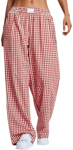 PADOLA Pantalon Fluide Femme Été Lin Bas de Pyjama à Carreaux Taille Elastique Pantalons de Nuit avec Poches Ample Jambe Droite Pantacourt Yoga Décontracté Pyjamas Léger Grande Taille (2 Rouge, 2XL)