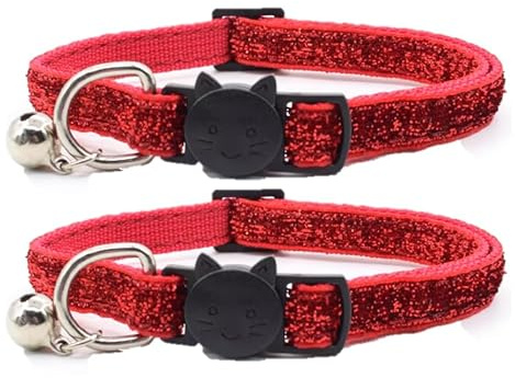 Glitter katt- och kattunge-halsband med klocka och säkerhetsspänne, justerbar design, paket med 2, finns i röd, rosa, blå, silver och guld. (Rubinröd)