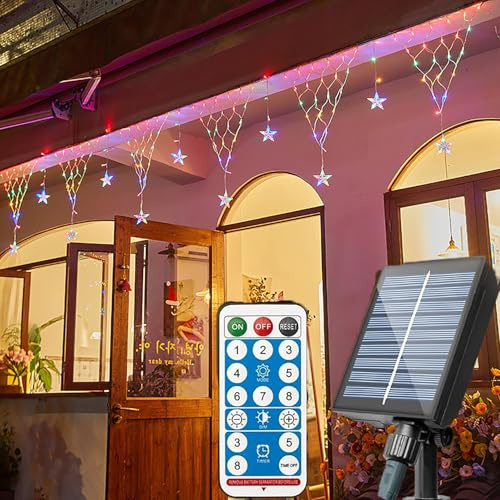 SUAVER Solar Lichterkette Aussen 4m 196LED Lichternetz Mit Fernbedienung Wasserdicht Hängen Lichtervorhang Dekorations Patio Licht Weihnachten beleuchtung für Garten Terrasse Hochzeit (Mehrfarbig)