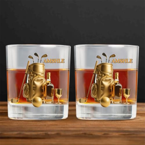 Wasetell Bicchiere da whisky personalizzato per golfista con nome, effetto 3D, tazza di vetro per whisky e golf, per amanti del golf, bicchieri da golf, regali per la festa del papà, compleanno