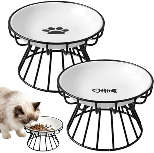 2 x upphöjda kattskålar, upphöjd kattskål, keramisk upphöjd kattskål med silikonskålhållare och metallhållare, nackskydd, kattskål för