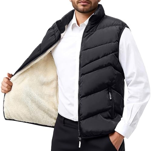 Genérico Chaleco Hombre Plumas Ultraligero Casual Capa Chaleco Cuello Cremallera Mosca Bolsillo Abrigo chaleco Guateado Abrigo Pluma Sin Mangas Hombre (Black-b, L)