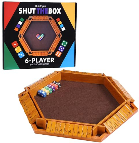 Buildopia Shut The Box Dice Game - Classic Wooden Family Board Game for 6 Players, Fun Classroom Home Party & Pub Strategy Game for Adults and Kids, Vintage Style