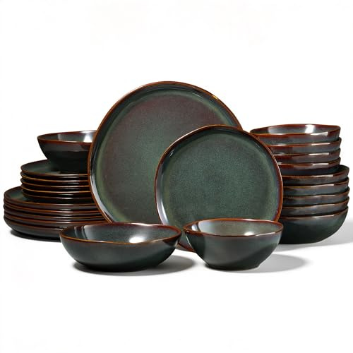Onader 24 Piece Dinner Set, Reactive Glaze Porcelain Dinner Sets for 6 People, Irregular Round Stoneware Dinnerware Service for 6, Include Plates and Bowls, Dishwasher & Microwave Safe, Moss Green