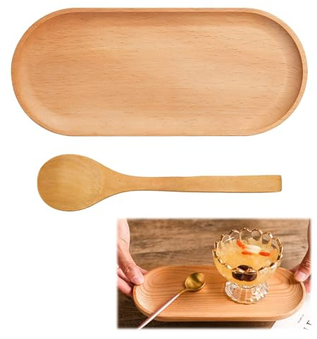 Vassoio in legno ovale, piccolo decorativo, 23 x 10 x 1,5 cm, ovale in legno con cucchiaio, adatto per compleanni, Natale e anniversari