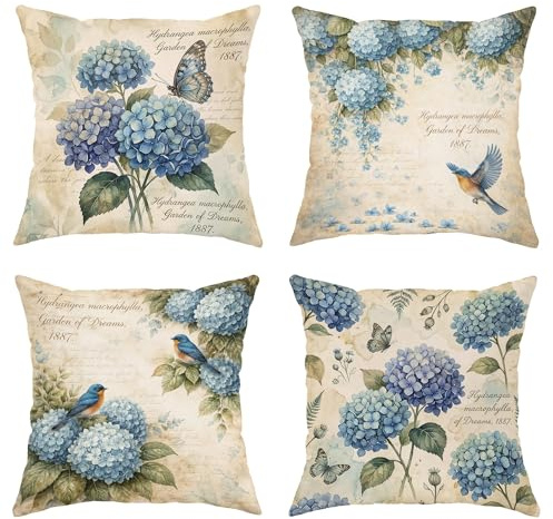 Hydrangea Throw Pillow Covers Set of 4, Vintage Rustic Butterfly Bird Spring Blue Soft Velvet Washable Pattern Pillow Covers for Home Bedroom Living Room Sofa Couch Decor 18x18 Inch