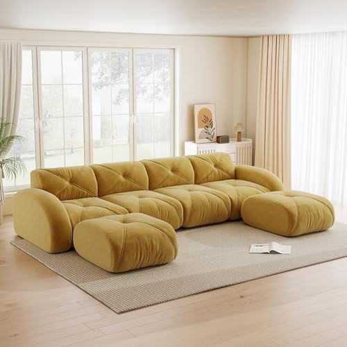 BLUON HOME Wohnlandschaft U Form, Boneless Couch, Modulares Sofa, Schlafsofa mit 2 Hockern, 32D-Schaumstoff Hoher Dichte, Chenille-Stoff, Rutschfestes Design, Ohne Montage, 358×171×76cm (Gelb)