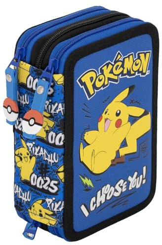 3-Fach Federmäppchen Jungen Gefüllt für Pokemon Fan – Schulmäppchen Set 46 Teile mit Radierbaren Stiften, Filzstiften, Buntstiften – ideal für Schule & als Geschenk – Blau