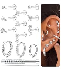 Chriscoco 18G Surgical Steel Labret Piercing Jewellery Internally Threaded Flat Back Earrings Nose Studs Helix Tragus Earrings Huggie Hoop Earring Lip Medusa Tragus Helix Piercing Jewellery Silver