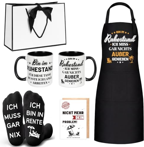 Iyxeo Rentner Geschenk Mann 5-teiliges Ruhestand Geschenkset, Renteneintritt Geschenk Männer mit Schürze, Tasse, Socken, Karte und Geschenktüte, lustiges Geschenk zur Rente