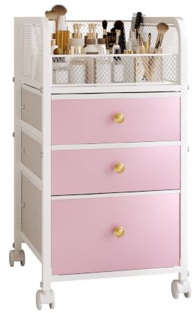 ZQUYAJ Rolling Makeup Vanity Cart, Makeup Organizer with Drawers, Rolling Makeup Bathroom Storage Cart, Cosmetic Vanity Display Cases Holder for Nail Polish Brush Hair Tool (Pink)