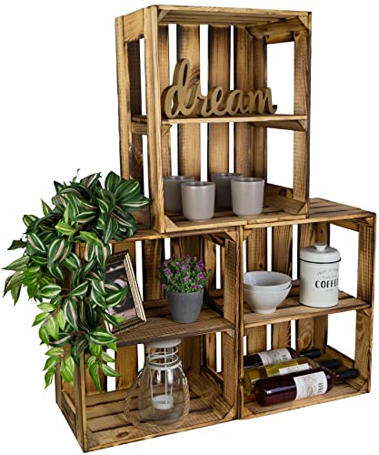 flambierte/geflammte Massive Obstkisten als Regal oder als Klassische Kiste ca 49 x 42 x 31 cm/Apfelkisten Weinkisten aus dem Alten Land (3 Stück geflammte offen mit Quer Einlage)