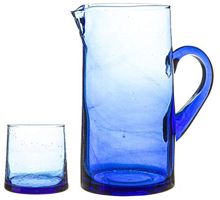 Nicola Spring 7pc Merzouga Recycled Glass Tumblers with 1L Jug - Blue Glass - Sustainable Hand-Blown Moroccan Drinkware for Juices, Cocktails, Water, Home, Bar, Dining Table, Eco-Friendly Gift