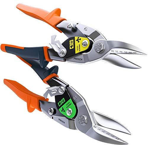 Presch Blechscheren Set Gerade und Rechts Gebogen - Profi Trockenbau Werkzeug zum Blech Schneiden - Metallscheren Satz mit Hebelübersetzung - Tin Snips