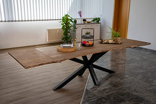 SAM Baumkantentisch 180 (280) x 90 cm Jannik, Akazienholz massiv & stonefarben, Esstisch inkl. 2 Ansteckplatten 50 x 90 cm, echte Baumkante, Spider-Metallgestell in Schwarz