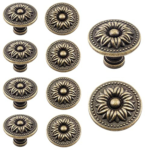 Zorfeter 10 Pcs Antique Bronze Cabinet Knobs Pull, Vintage Rustic Style Drawer Knobs Decorative Round Handles for Furniture Cupboard Dresser