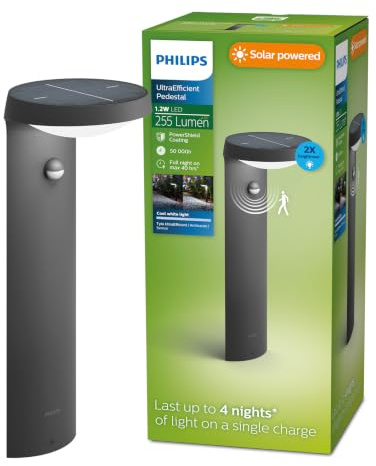 Philips Tyla Outdoor Sockelleuchte (1,2 W), wetterfeste Außenleuchte mit Bewegungsmelder und kaltweißem Licht, solarbetriebene LED Beleuchtung, anthrazit, Kaltweiß