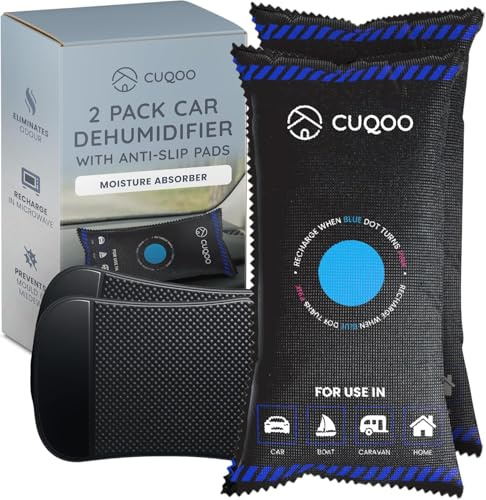 CUQOO 1KG Car Dehumidifier Bag - Pack of 2 Reusable Moisture Absorber for Car Interior with Anti-Slip Mat – Microwave Reactivated Dehumidifier Bags for Condensation, Damp & Fog