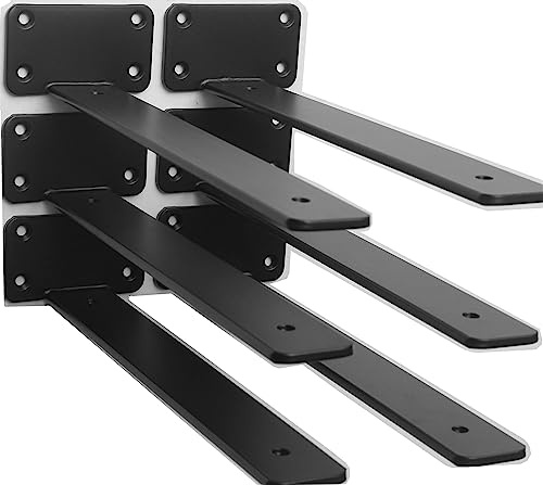 6 Pack - 10 inch Black Hidden L Shelf Bracket (1/5 Inch Thicked) Iron Floating Shelf Brackets Rustic Industrial Metal Brackets for Shelf Support