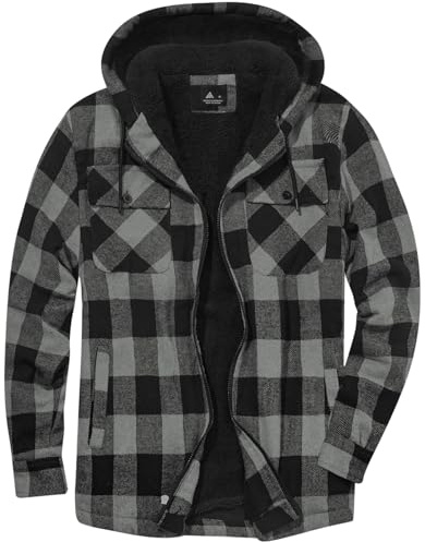 JACKETOWN Veste Polaire Homme Avec Capuche Chemise En Flanelle à Carreaux Veste Mi-Saison Chaude Doublée Manteau Décontracté Avec Poches Idéale Pour L’automne Et L’hiver